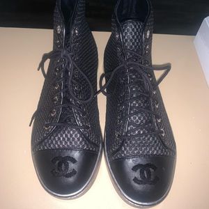 Chanel Black&Sil Mesh Leather High Top Sneakers